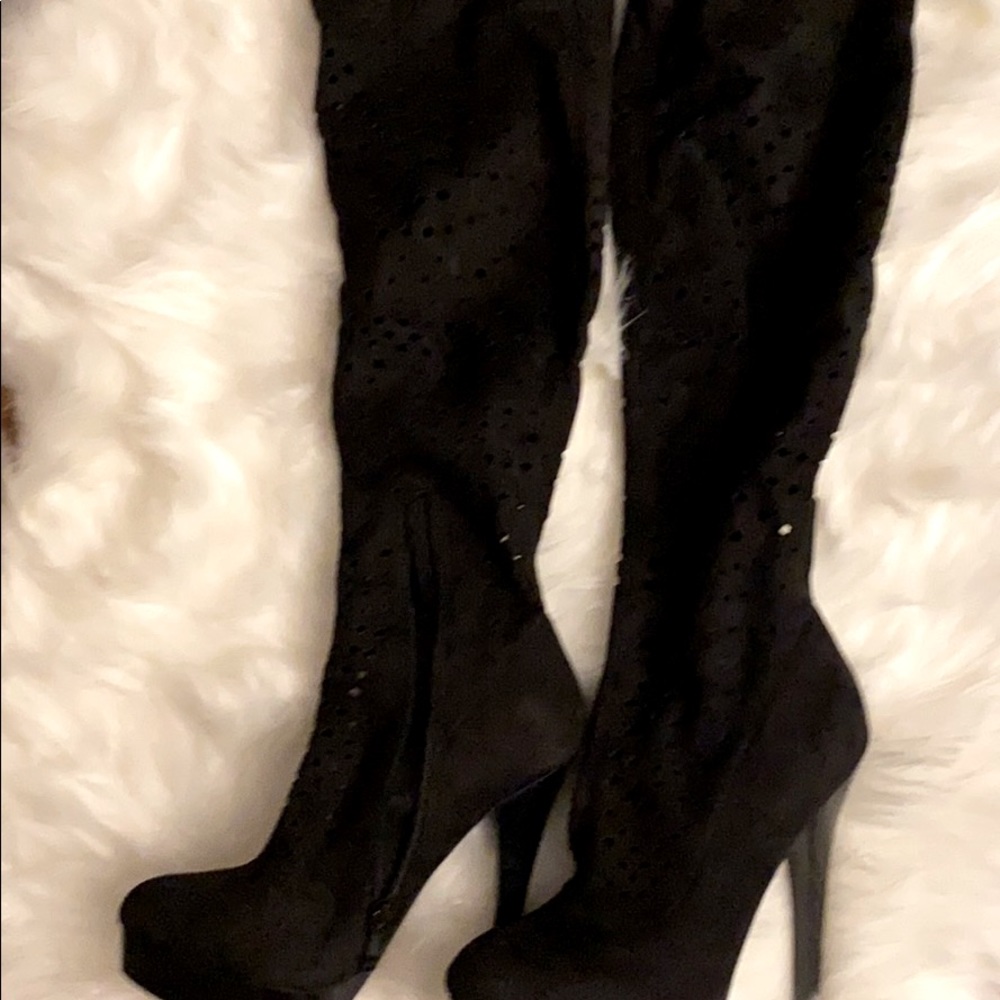 Women's Black Suede Knee High Bebe Boots